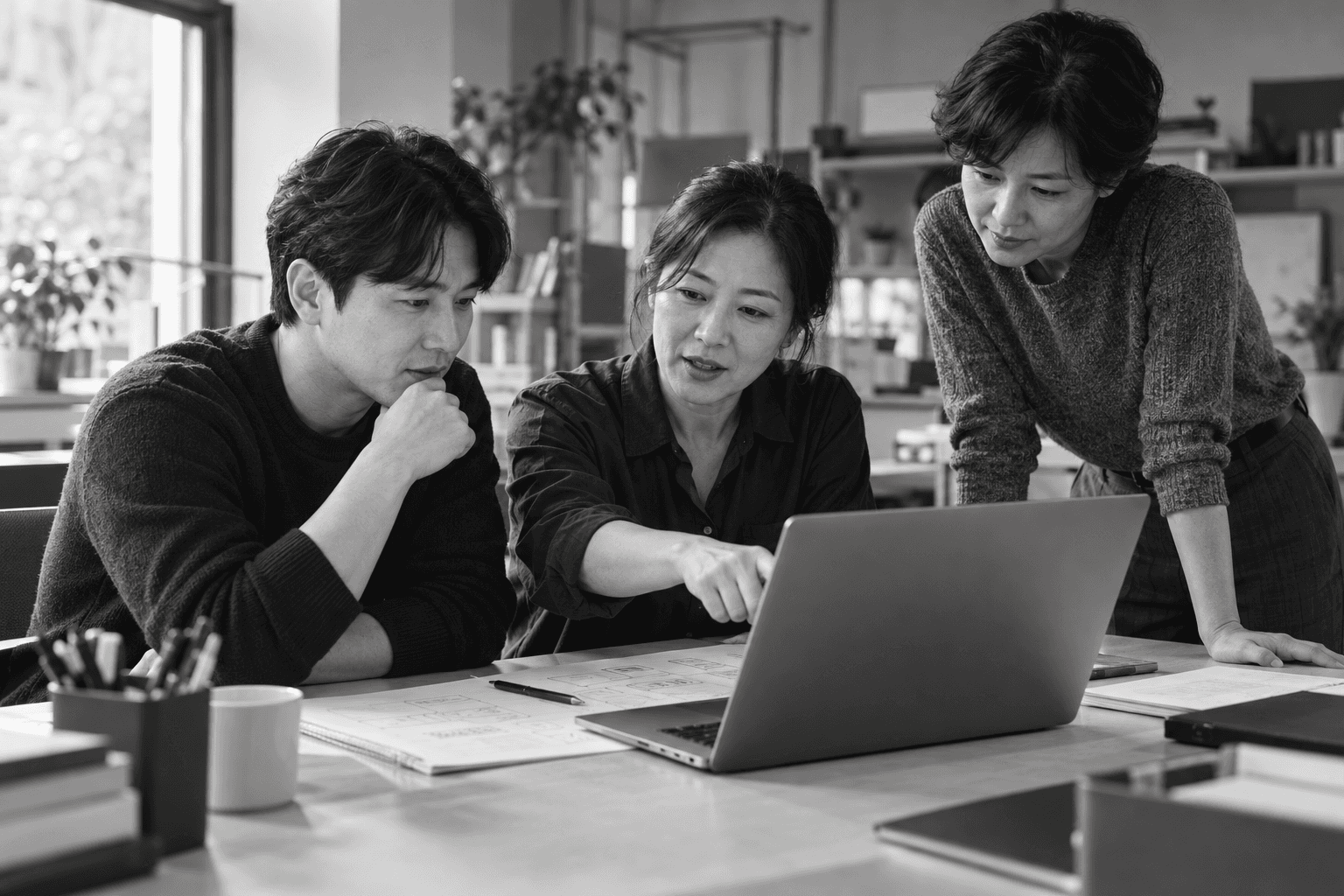 같은 자리에서 업무 화면과 설계도를 함께 검토하는 개발자와 실무자를 표현한 흑백 이미지